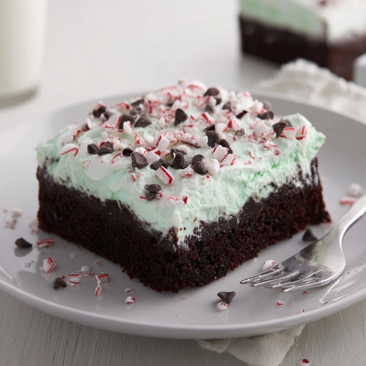 Rich chocolate cake punched and filled with minty pudding: Peppermint Poke Cake.