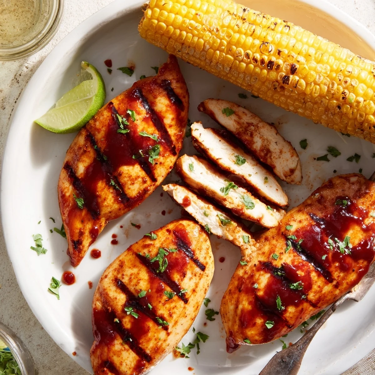Smoky BBQ Chicken With Corn plated with buttery, charred kernels and lime