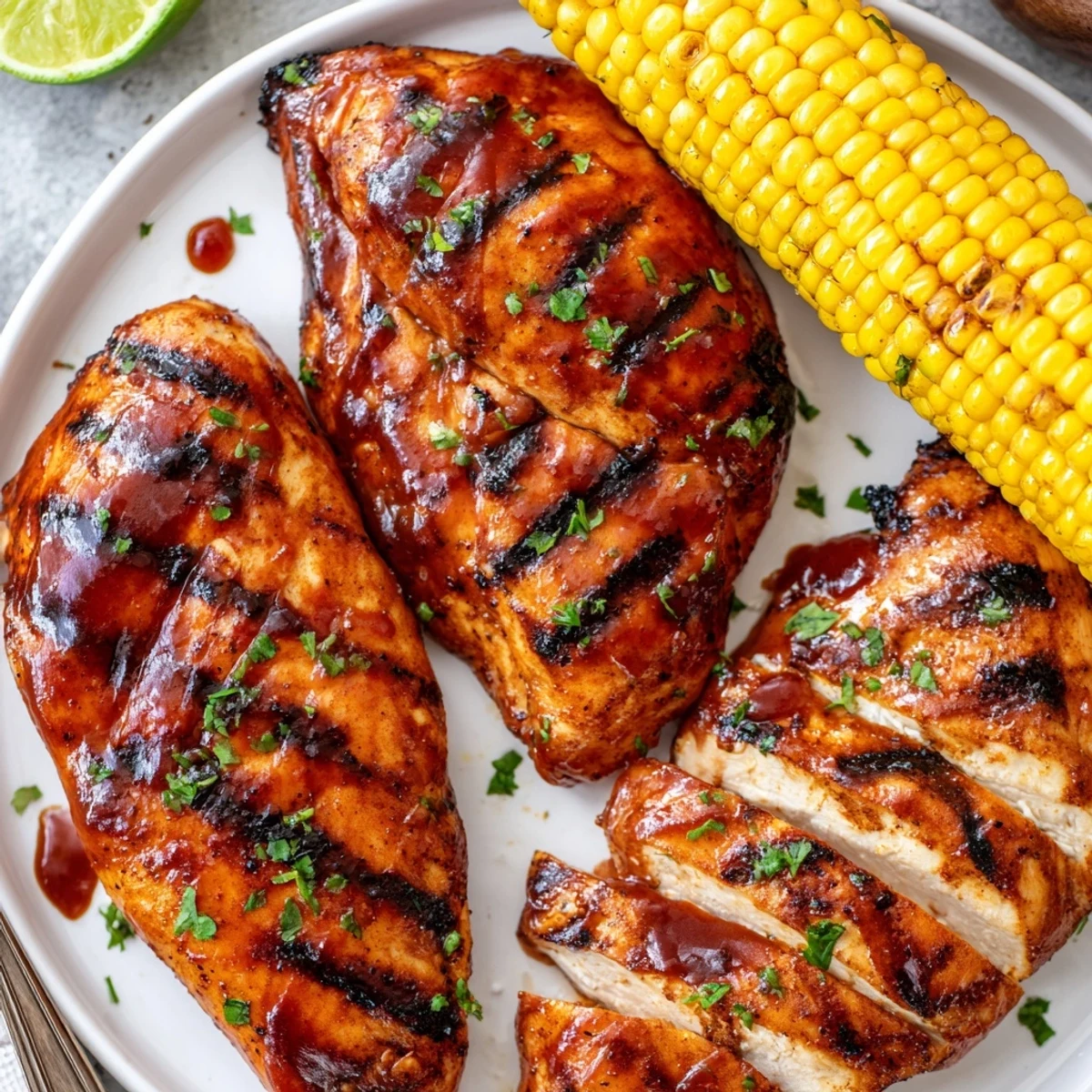 Juicy BBQ Chicken With Corn resting on cutting board, parsley garnish, steam