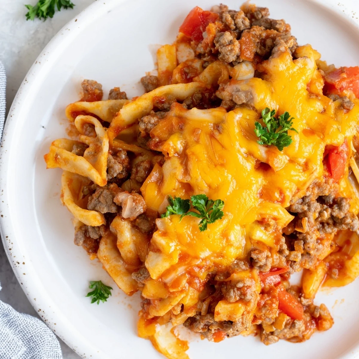 Homestyle Beef Noodle Casserole golden on top, steaming, perfect for family dinners