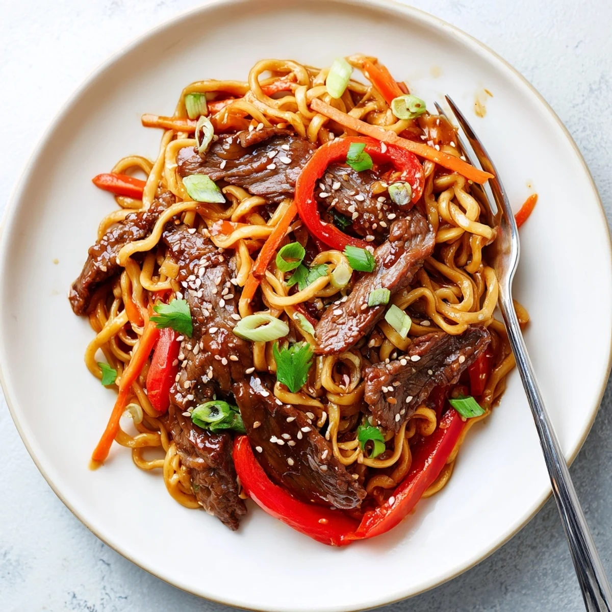 Sticky Beef Noodles glistening with glossy sauce, tossed with crunchy bell pepper