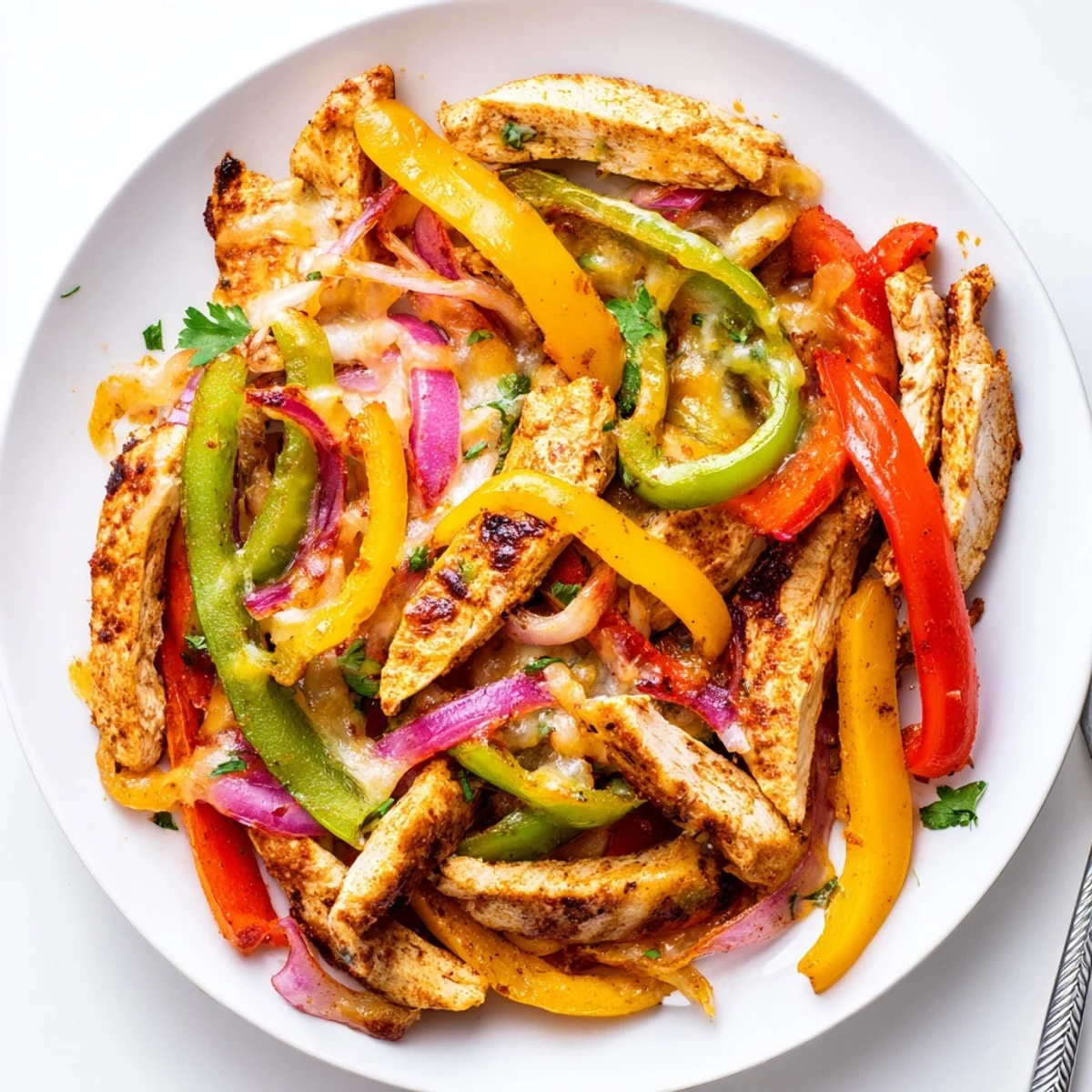 Sizzling Cheesy Baja Chicken Bell Pepper Skillet with melty cheese and cilantro