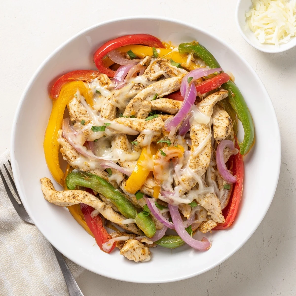 Close-up of Cheesy Baja Chicken Bell Pepper Skillet, juicy chicken and bubbling cheese