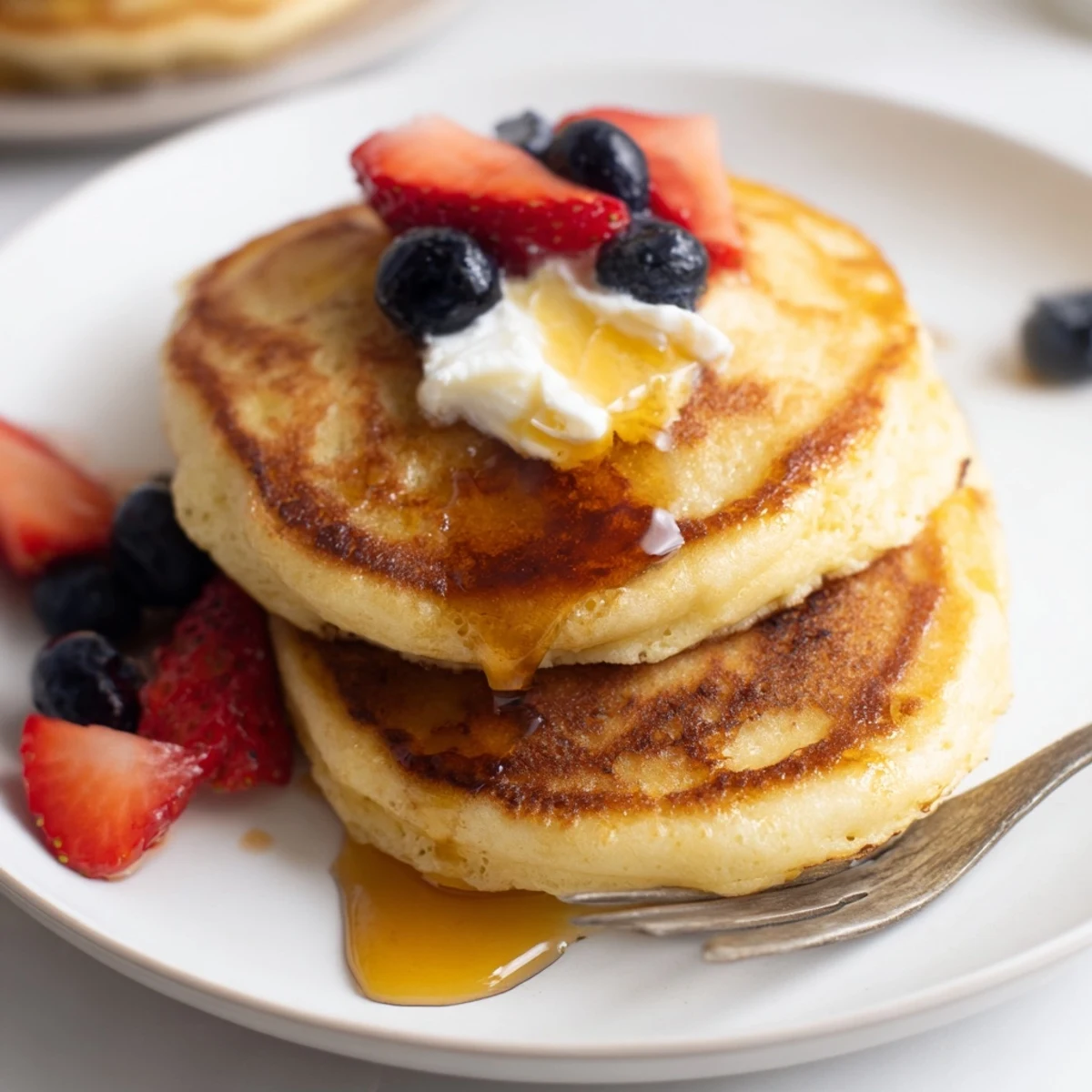Cottage Cheese Pancakes stacked with melting butter and glistening maple syrup