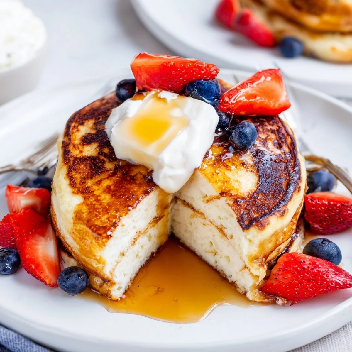 Warm Cottage Cheese Pancakes sizzling on a griddle, edges golden-brown and tender