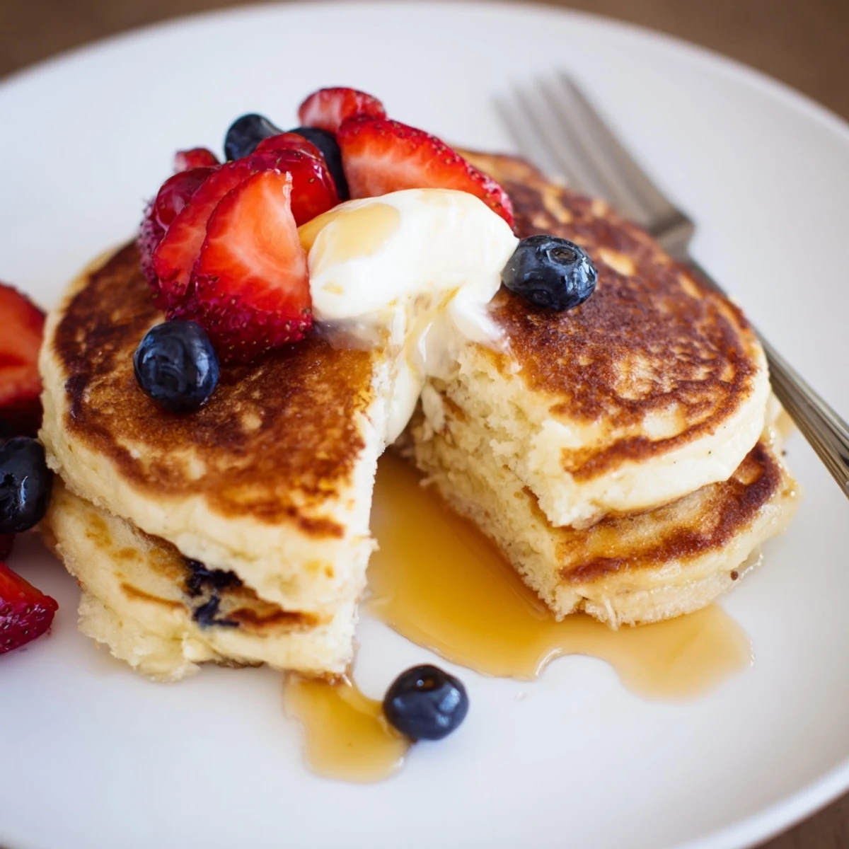 Fluffy cottage cheese pancakes topped with fresh berries and creamy Greek yogurt