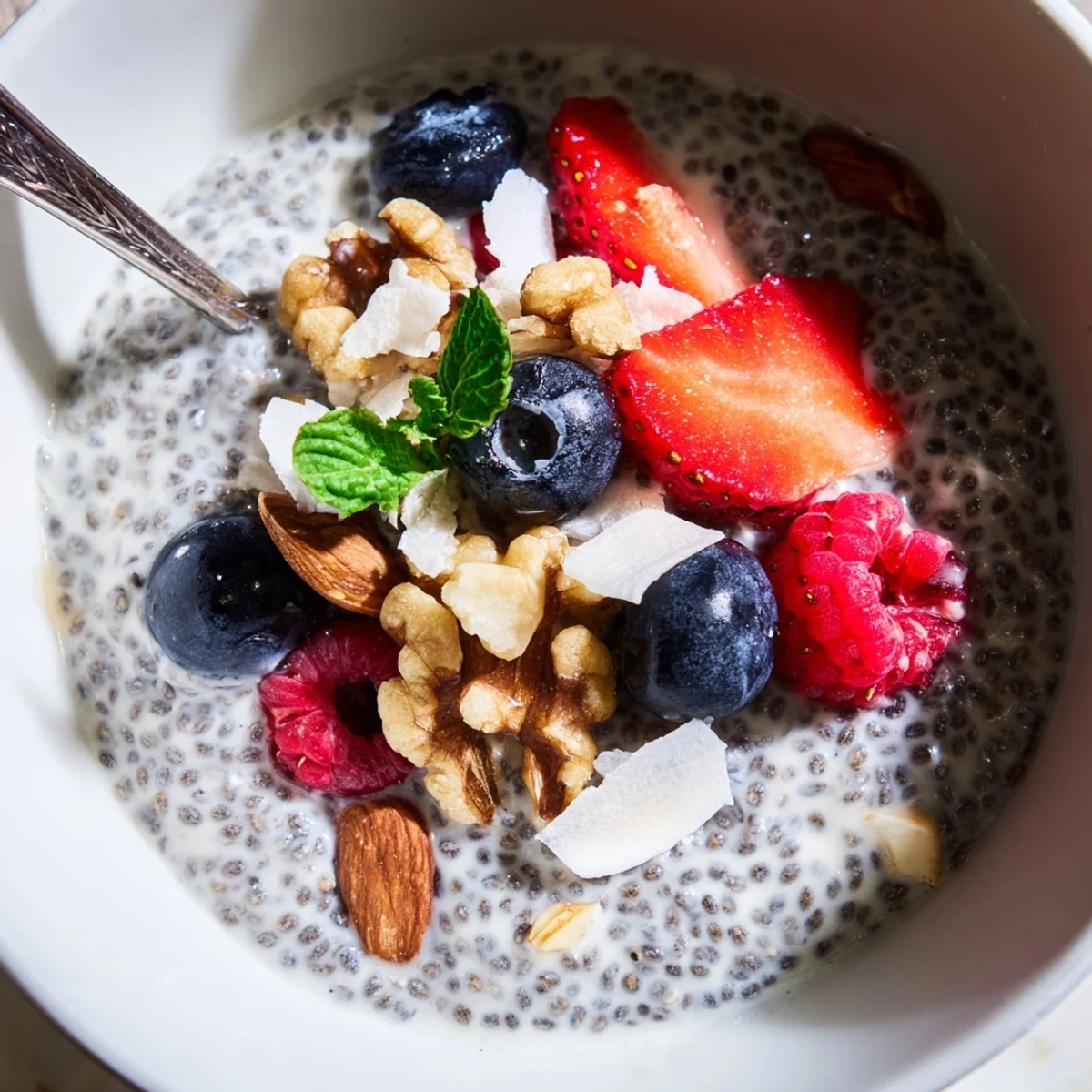 Chia Seed Pudding topped with fresh berries and toasted almonds, creamy texture