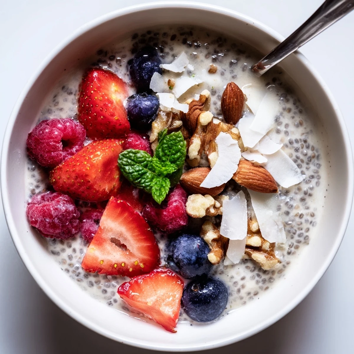Creamy chilled Chia Seed Pudding in a jar garnished with mint