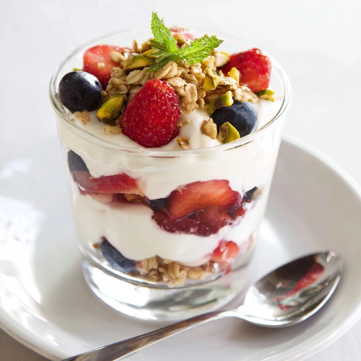 Greek Yogurt Parfait layered with creamy yogurt, juicy berries, and crunchy granola