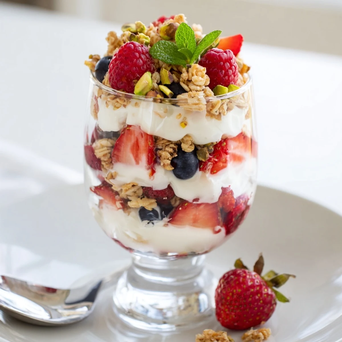 Individual Greek Yogurt Parfait jars topped with honey-drizzled fruit and mint