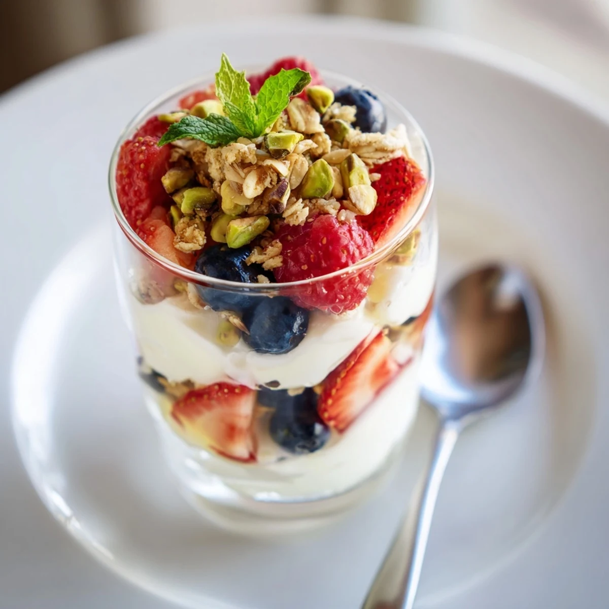 Make-ahead Greek Yogurt Parfait for breakfast, tart berries, nutty crunch, spoon-ready