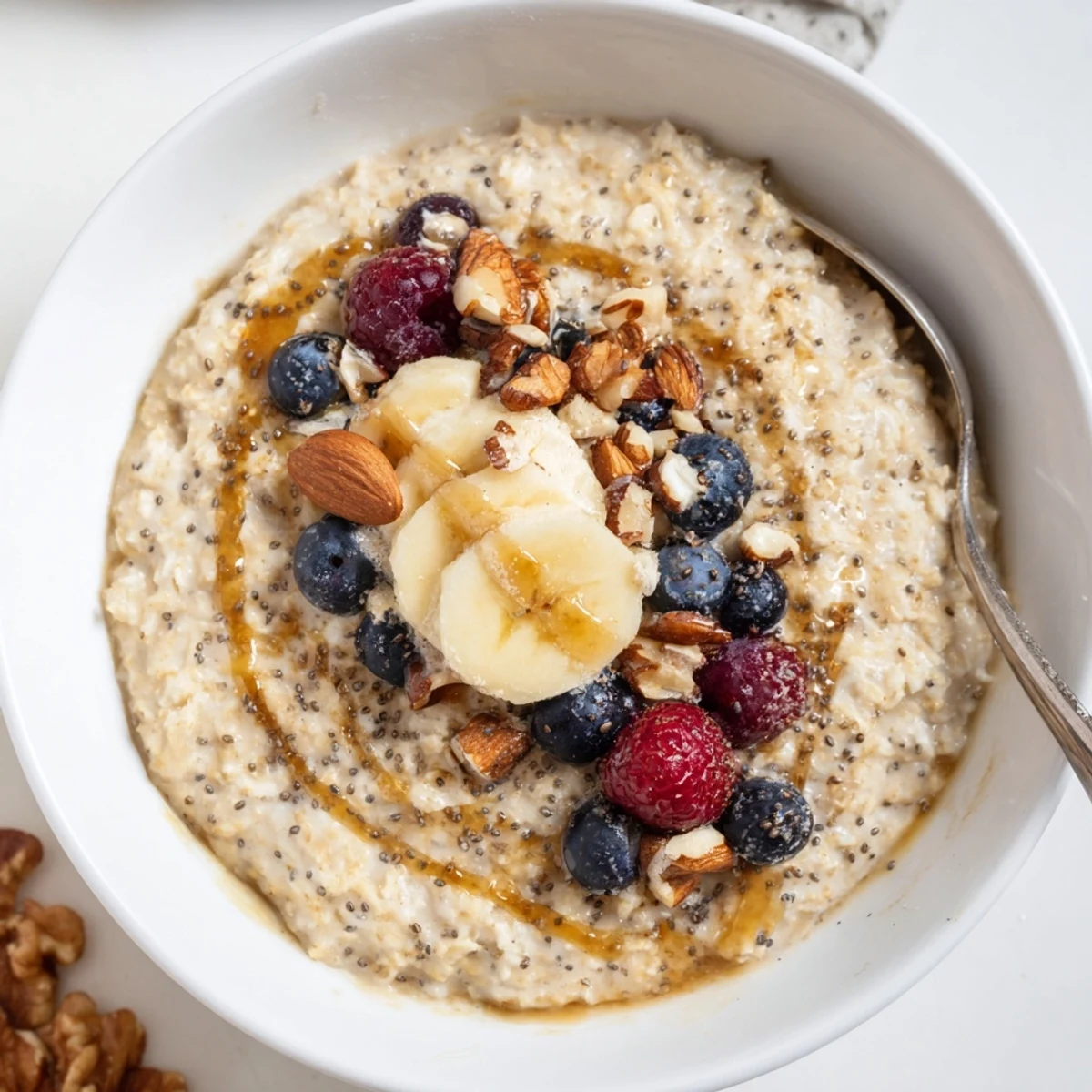 Creamy Protein Oatmeal topped with banana, nuts, and fresh berries