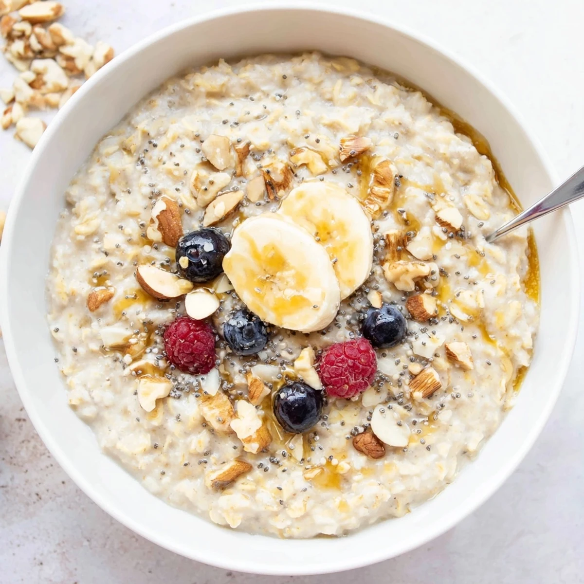 Hearty Protein Oatmeal stirred until creamy, ideal post-workout breakfast bowl