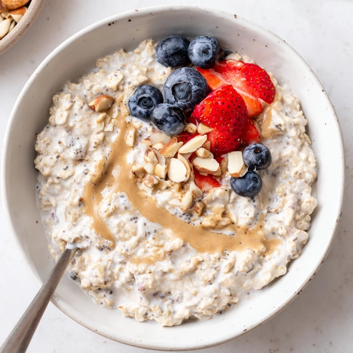 Creamy Protein Overnight Oats topped with fresh berries and crunchy nuts