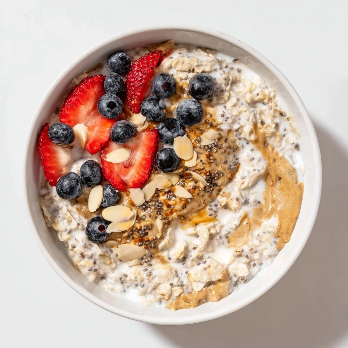 Jar of chilled Protein Overnight Oats with vanilla aroma, spoon beside