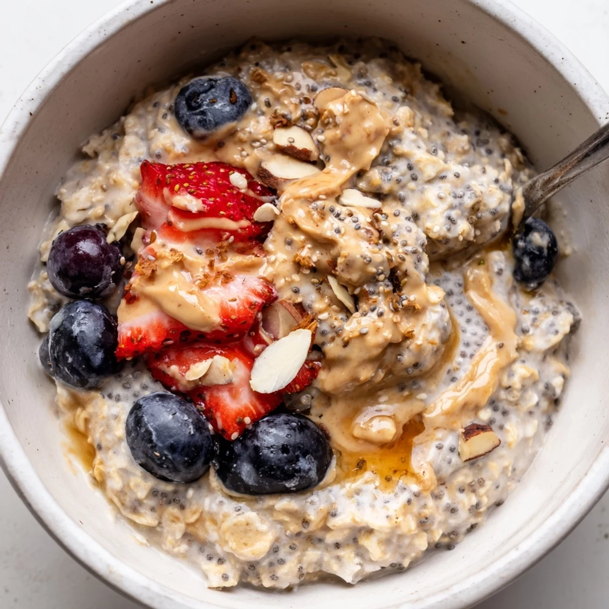 Hearty morning bowl of Protein Overnight Oats garnished with nut butter