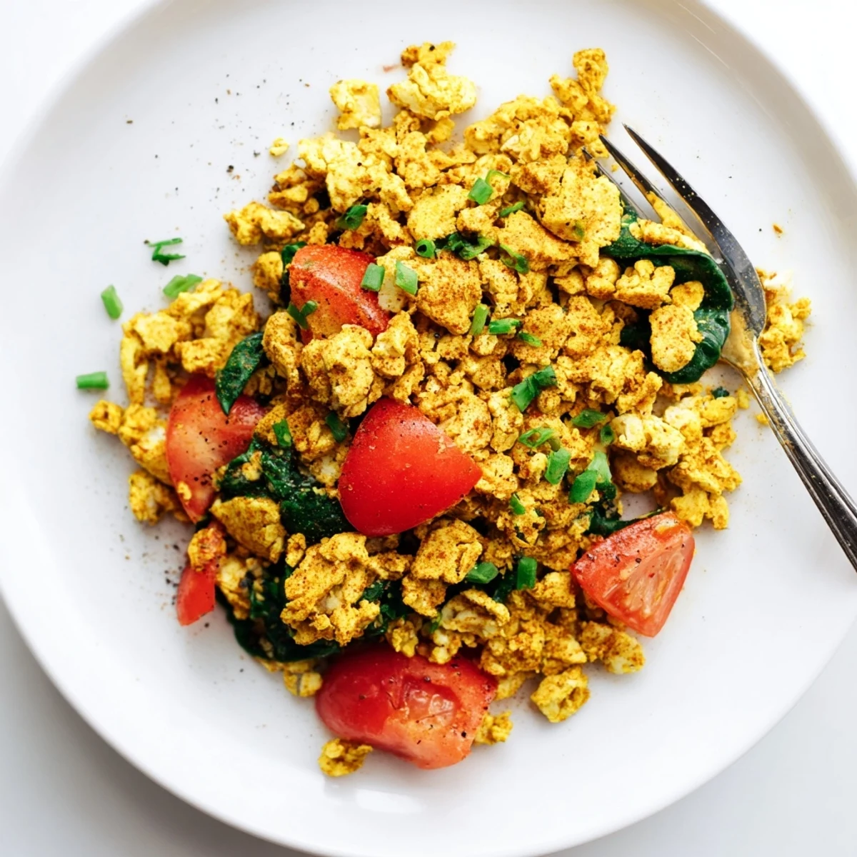 Tofu Scramble sizzling in skillet with spinach, red pepper, golden turmeric