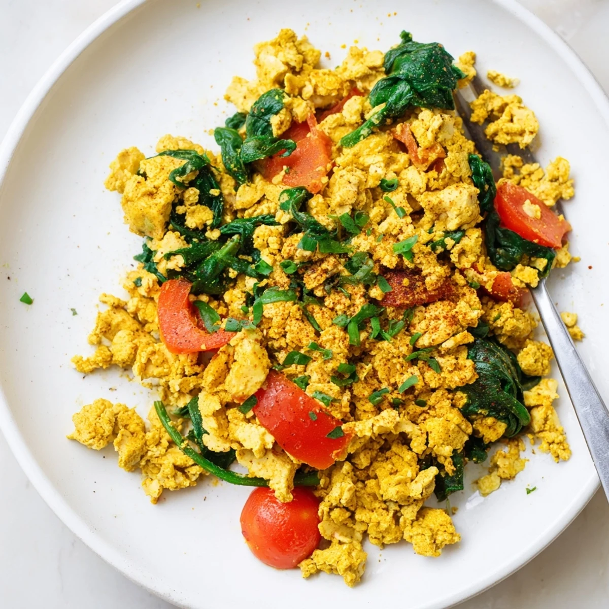 Aromatic Tofu Scramble with turmeric and black salt, tender crumbled texture