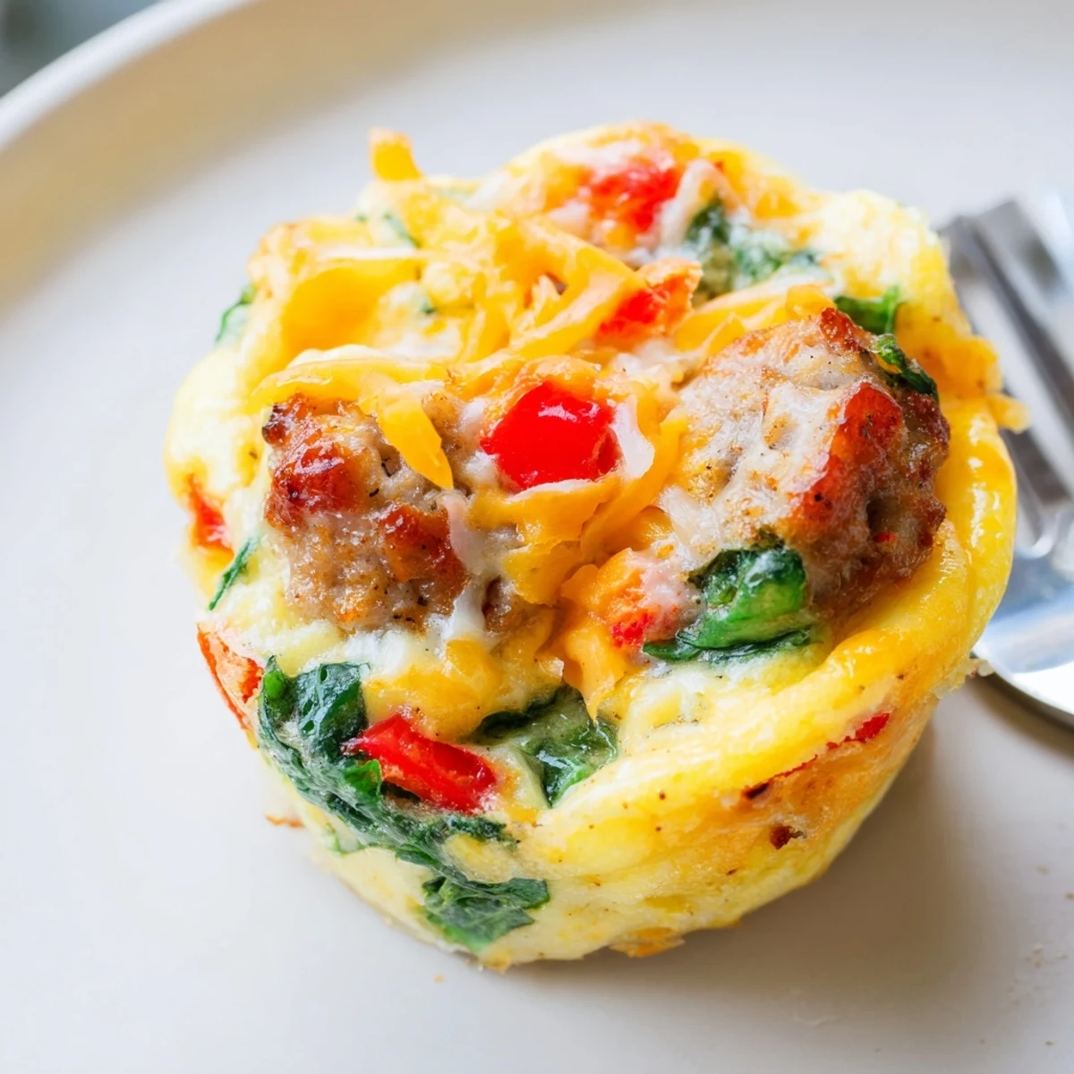 Sliced Turkey Sausage Egg Muffins on plate, hint of paprika and spinach