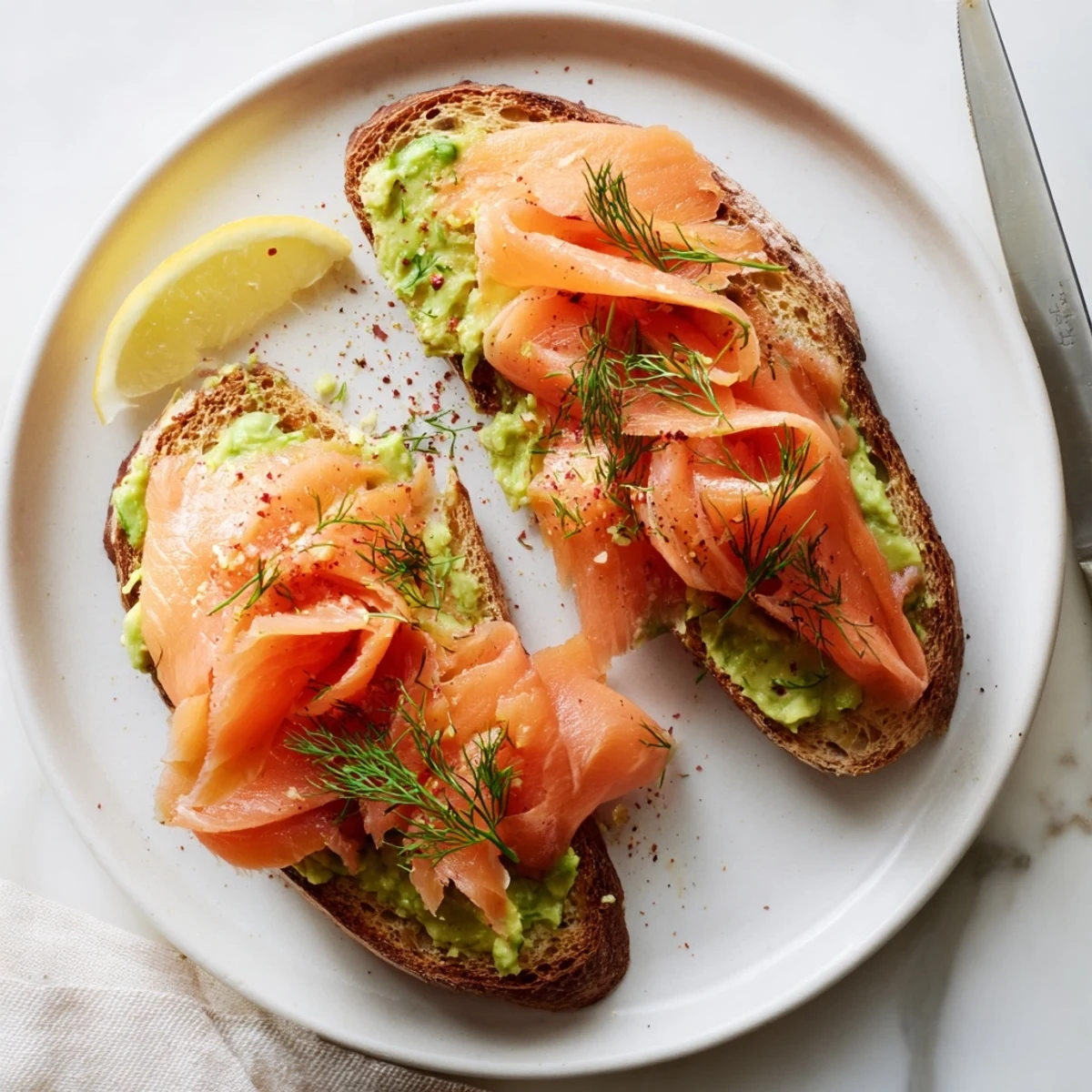 Salmon Avocado Toast with silky smoked salmon slices, creamy avocado, lemon wedge