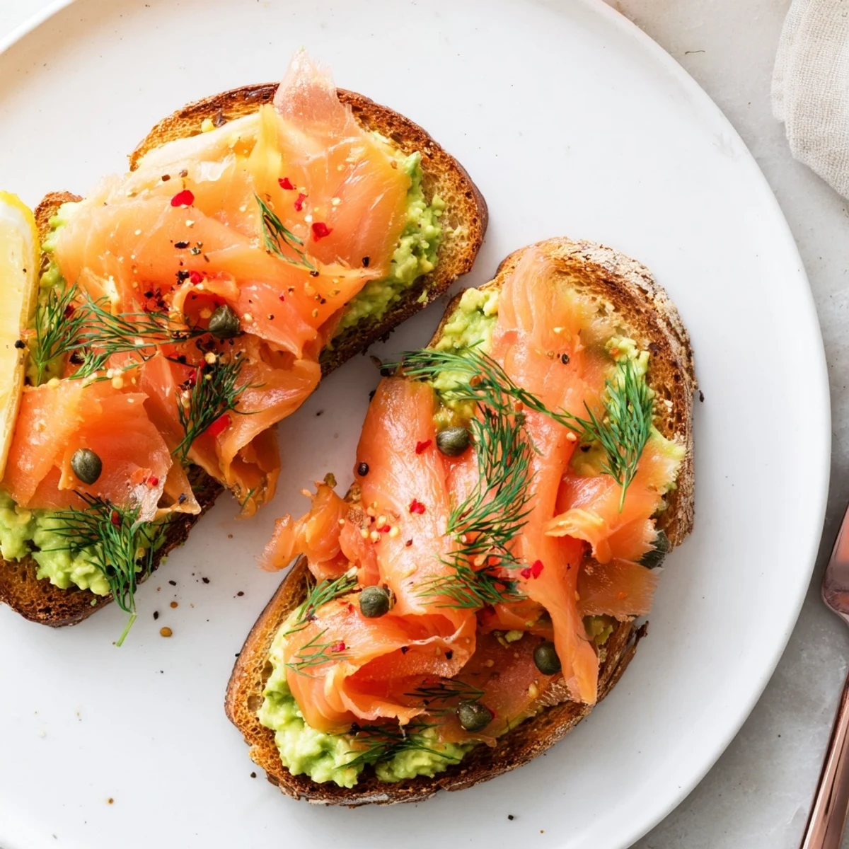 A hearty Salmon Avocado Toast on toasted sourdough, dill and capers