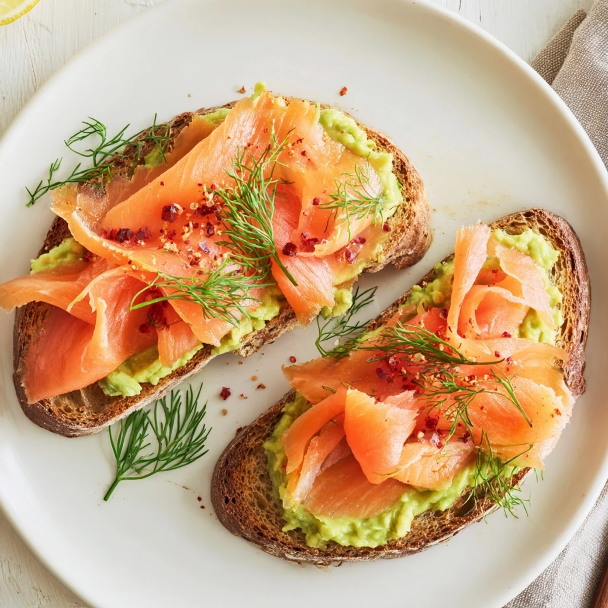 Salmon Avocado Toast arranged on plate, creamy avocado smear, smoked salmon ribbons