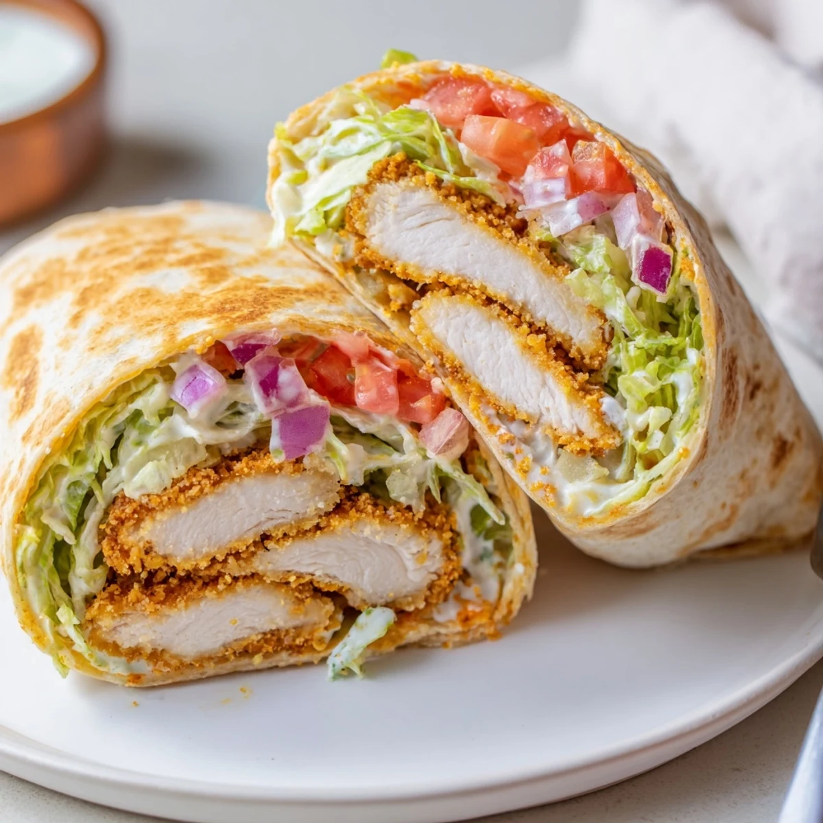 Crispy Chicken Ranch Wrap sliced in half, golden chicken, creamy ranch drizzle  