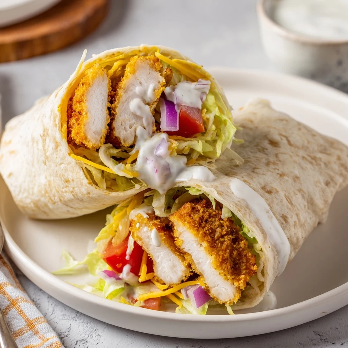 Warm Crispy Chicken Ranch Wrap with crunchy romaine, juicy tomato, melted cheddar  