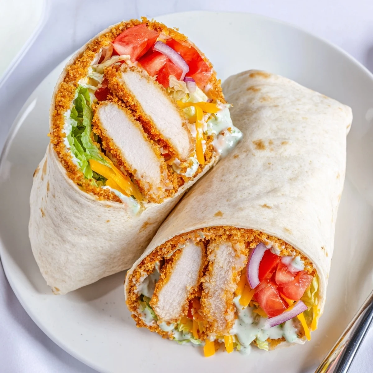 Crispy Chicken Ranch Wrap served on plate with fries, soft tortilla, steam rising