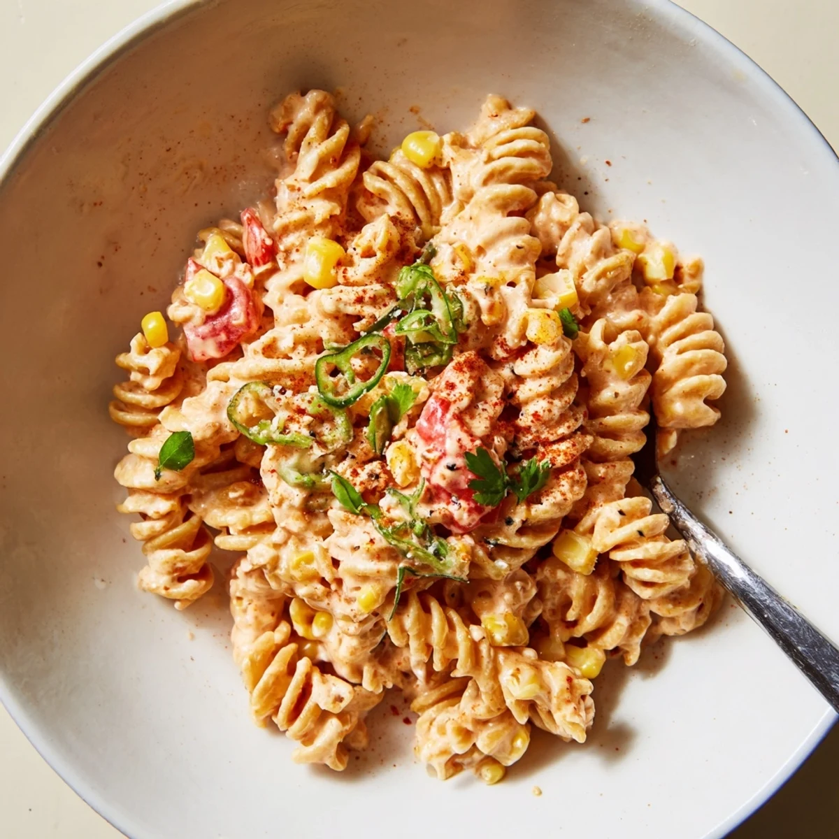 Creamy Street Corn Pasta Salad with charred kernels, tangy lime, and Cotija.
