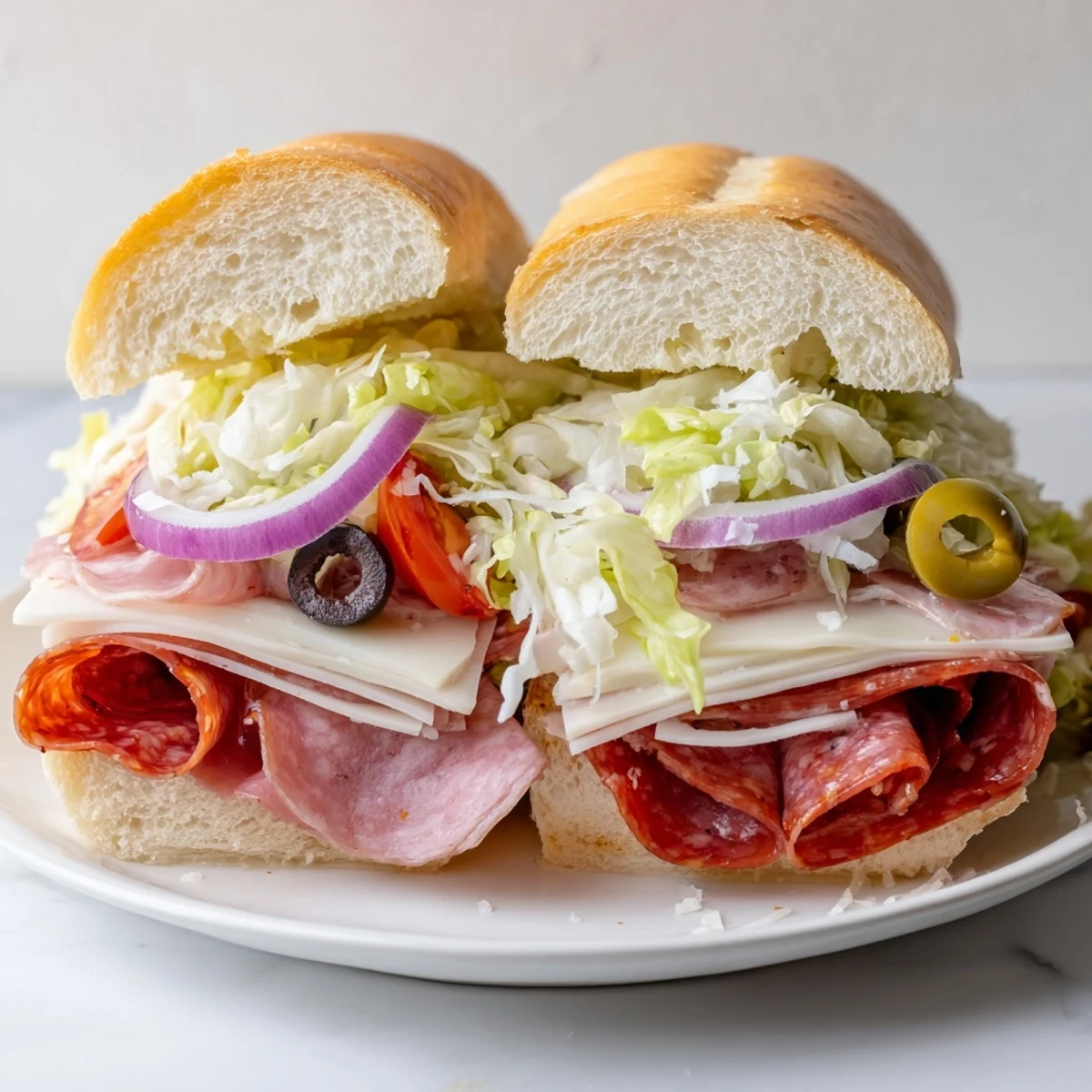 Toasted Italian Grinder Salad Sandwich halved on wooden board, zesty pepperoncini visible