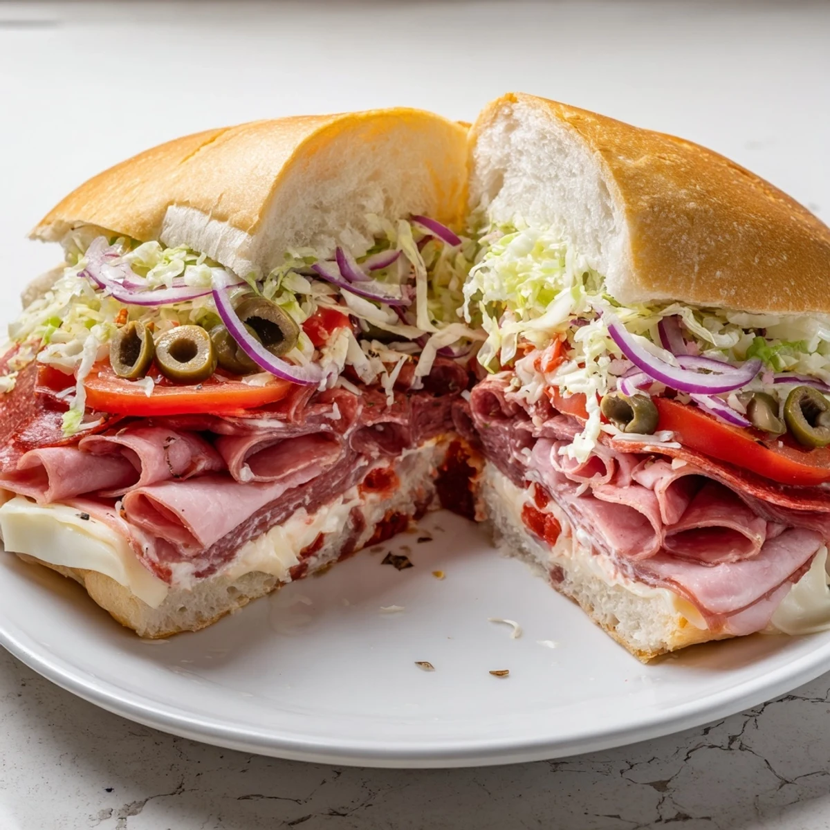 Italian Grinder Salad Sandwich piled with savory deli meats and crunchy, tangy greens