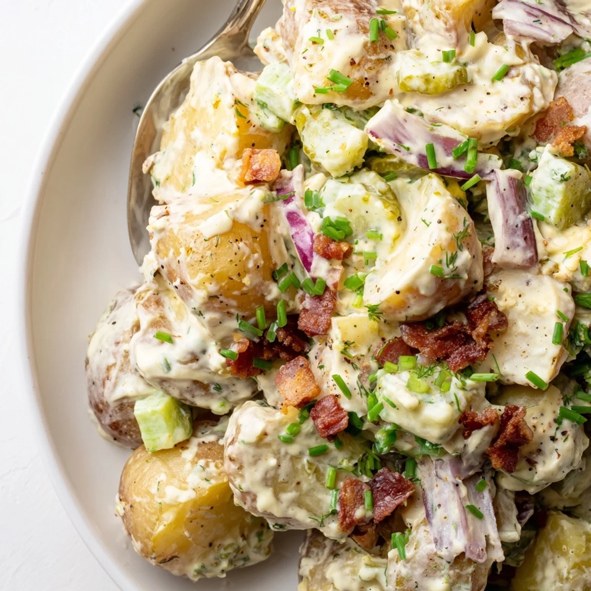 Hearty Steakhouse Potato Salad tossed with warm potatoes, Dijon dressing, served alongside steak