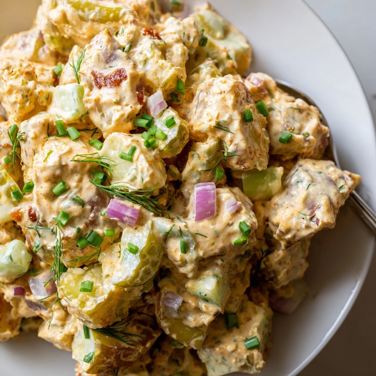 Creamy Steakhouse Potato Salad with crispy bacon, tangy pickles, chilled and ready