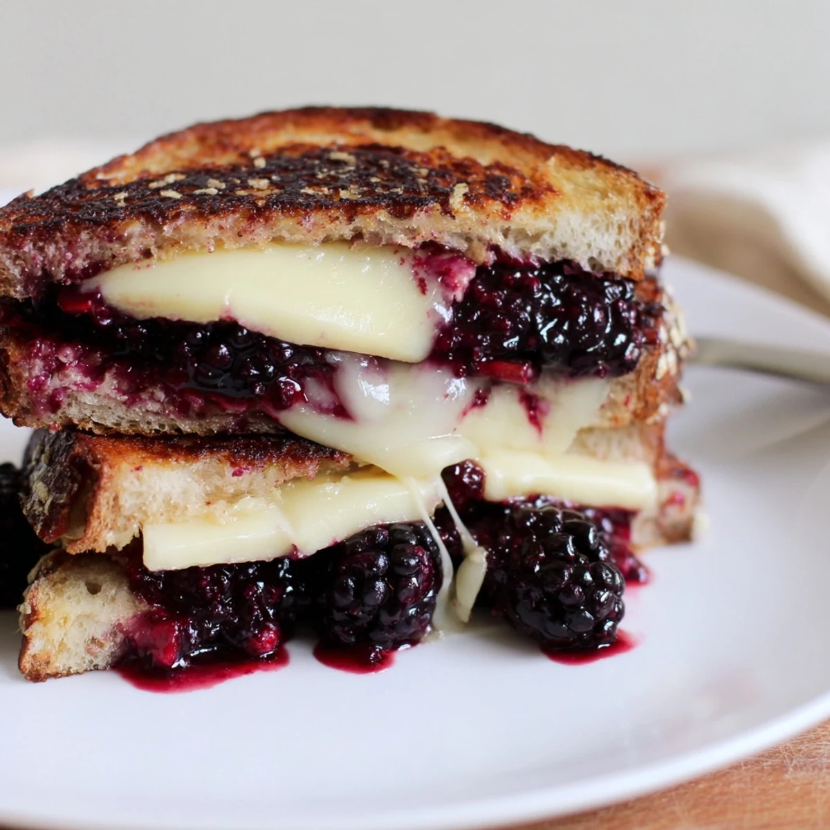 Blackberry Balsamic and Brie Grilled Cheese oozing melted Brie, drizzled with syrupy balsamic