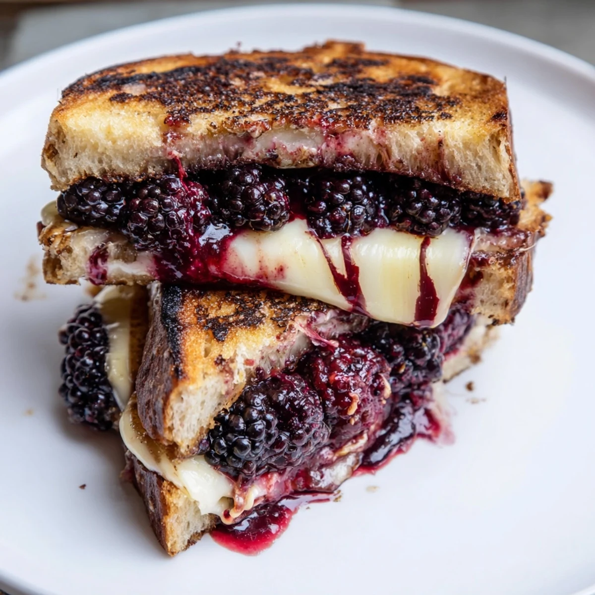 Blackberry Balsamic and Brie Grilled Cheese on buttery sourdough, served warm, halved