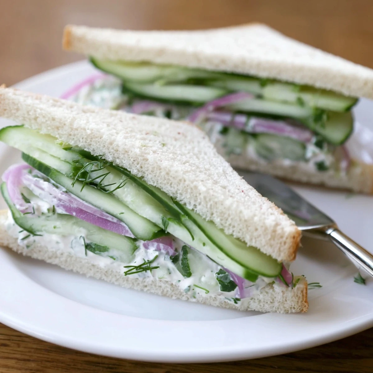 Quick Cucumber Salad Sandwiches piled between soft bread, creamy dill visible