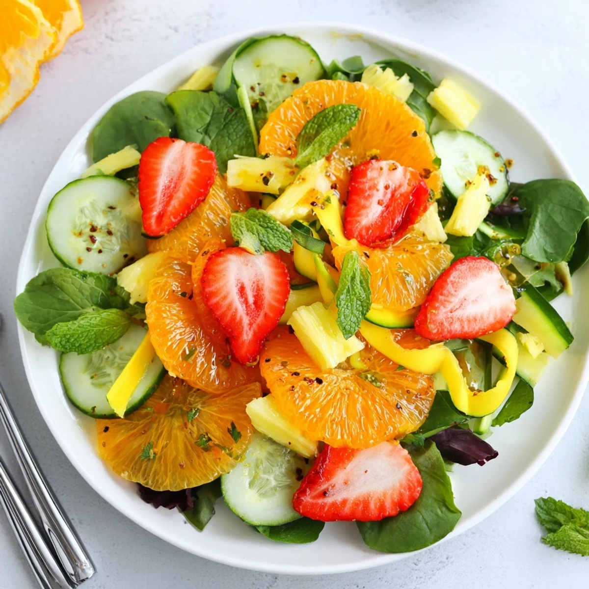 Sunshine Salad with citrus, berries, and mint, tossed in honey lime dressing