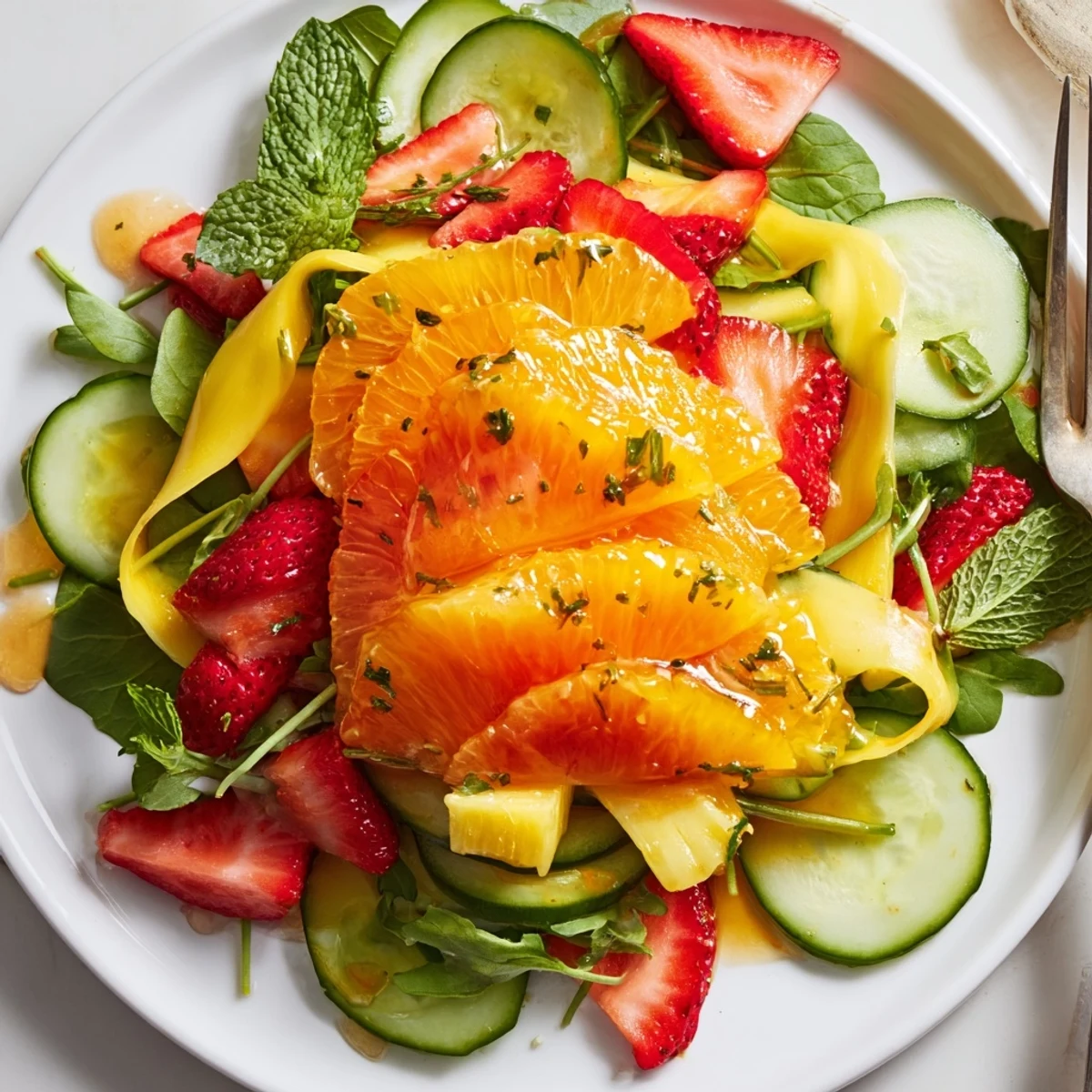 Bright Sunshine Salad layered with oranges, pineapple, cucumber, and crisp greens