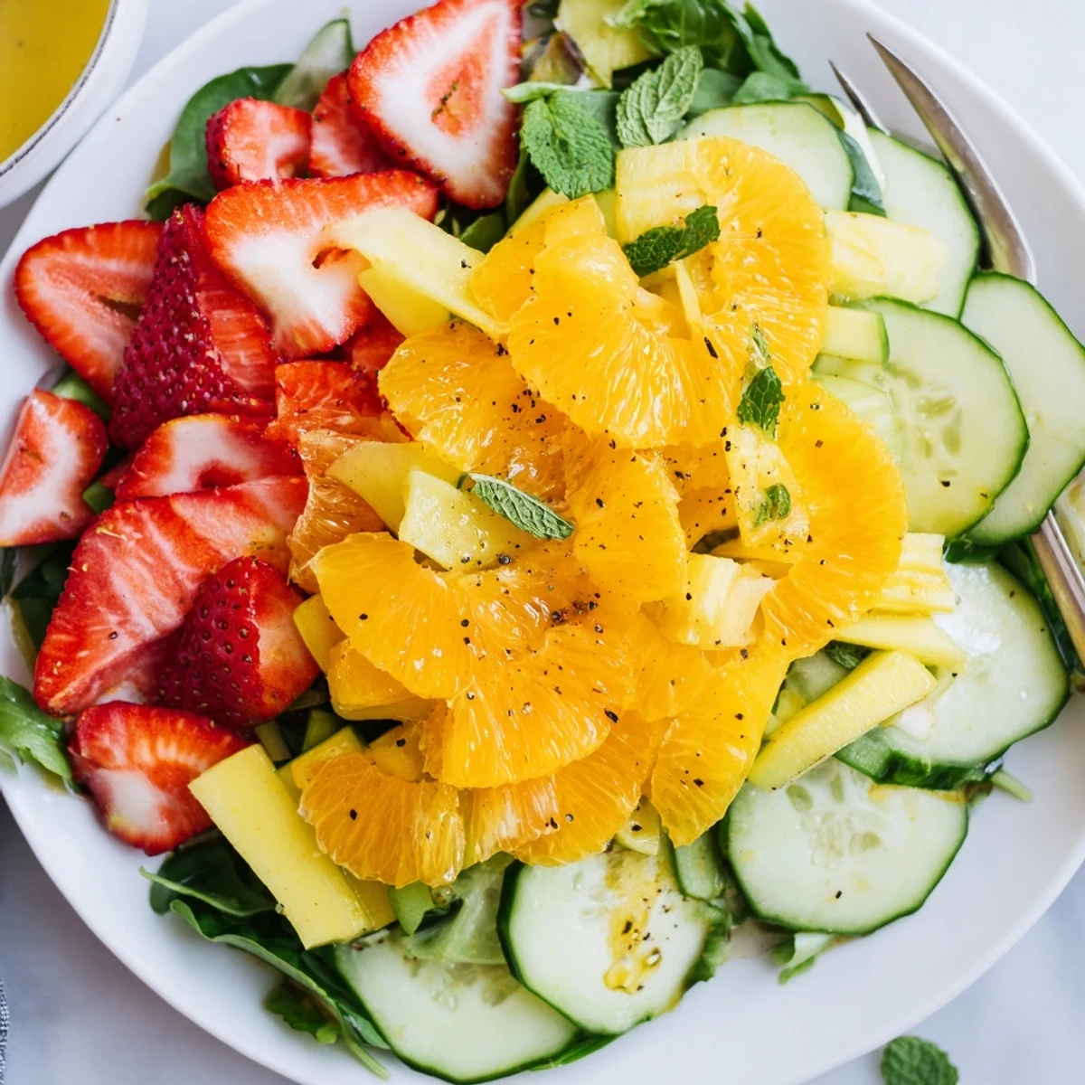 Chilled Sunshine Salad garnished with chopped mint, ideal side for summer