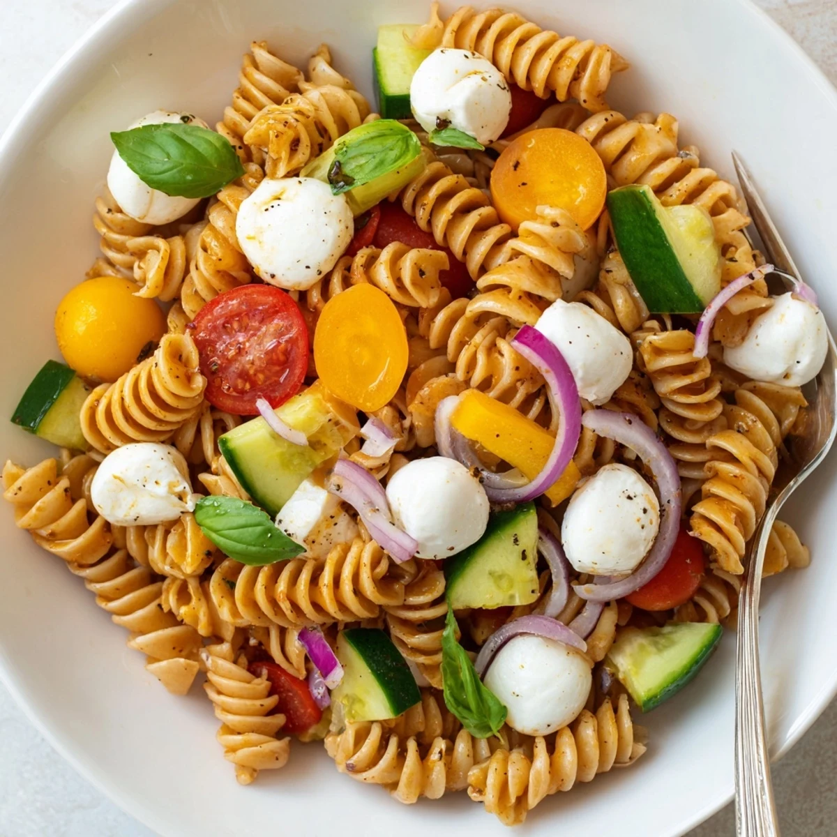 Colorful Caprese Pasta Salad with glossy cherry tomatoes, torn basil, creamy mozzarella.