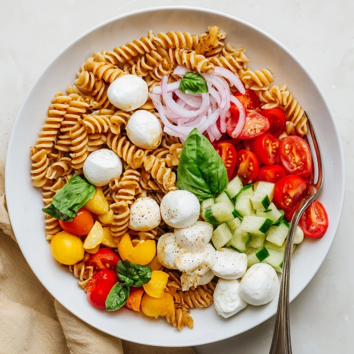 Chilled bowl showcases Colorful Caprese Pasta Salad dressed in zesty balsamic vinaigrette.