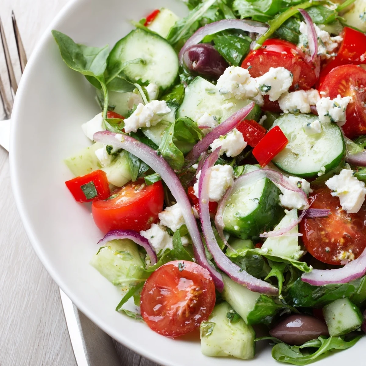 Fresh Salad Recipe with crunchy cucumber, sweet cherry tomatoes, bright lemon dressing.