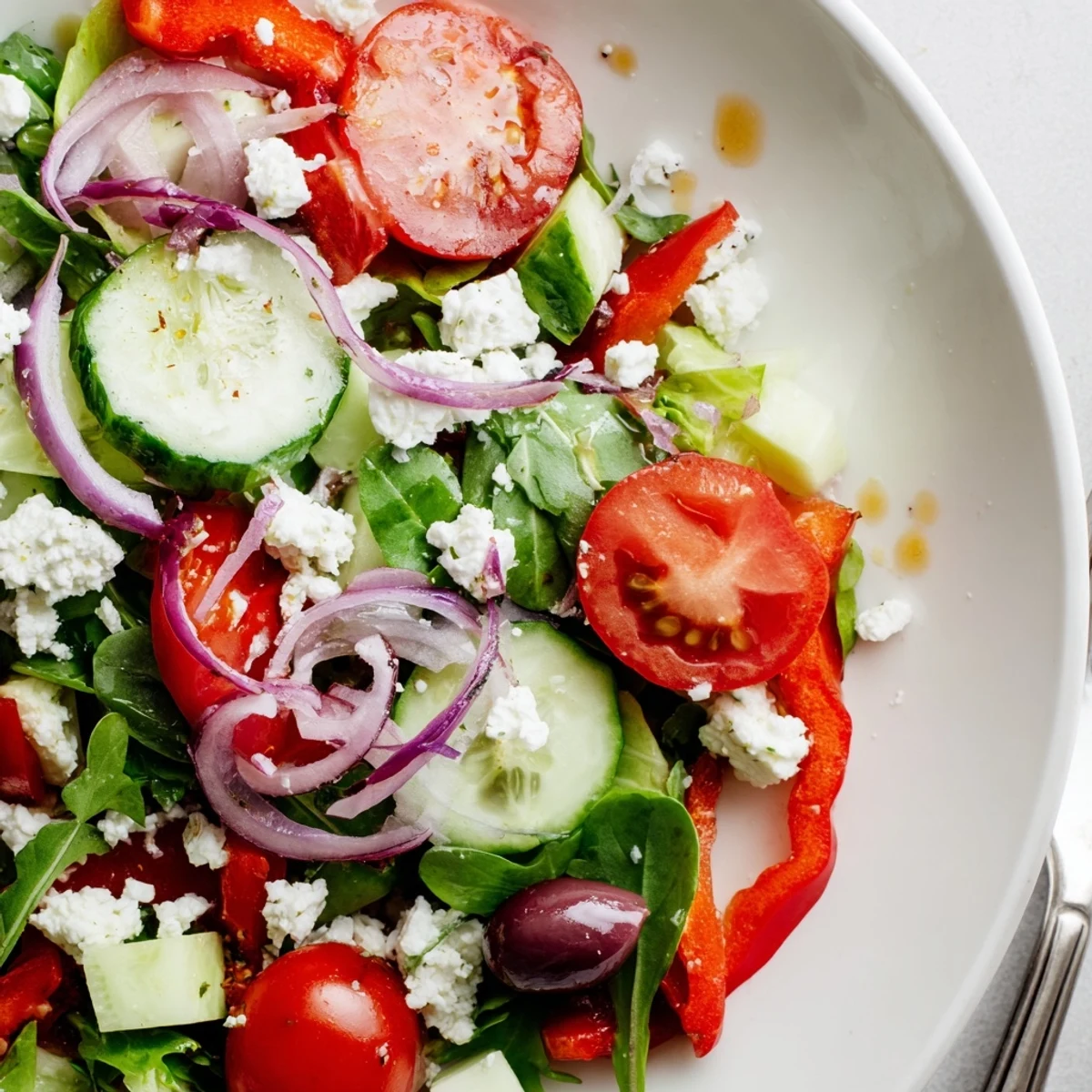 Colorful Fresh Salad Recipe featuring arugula, feta crumbles, tangy Dijon honey vinaigrette.