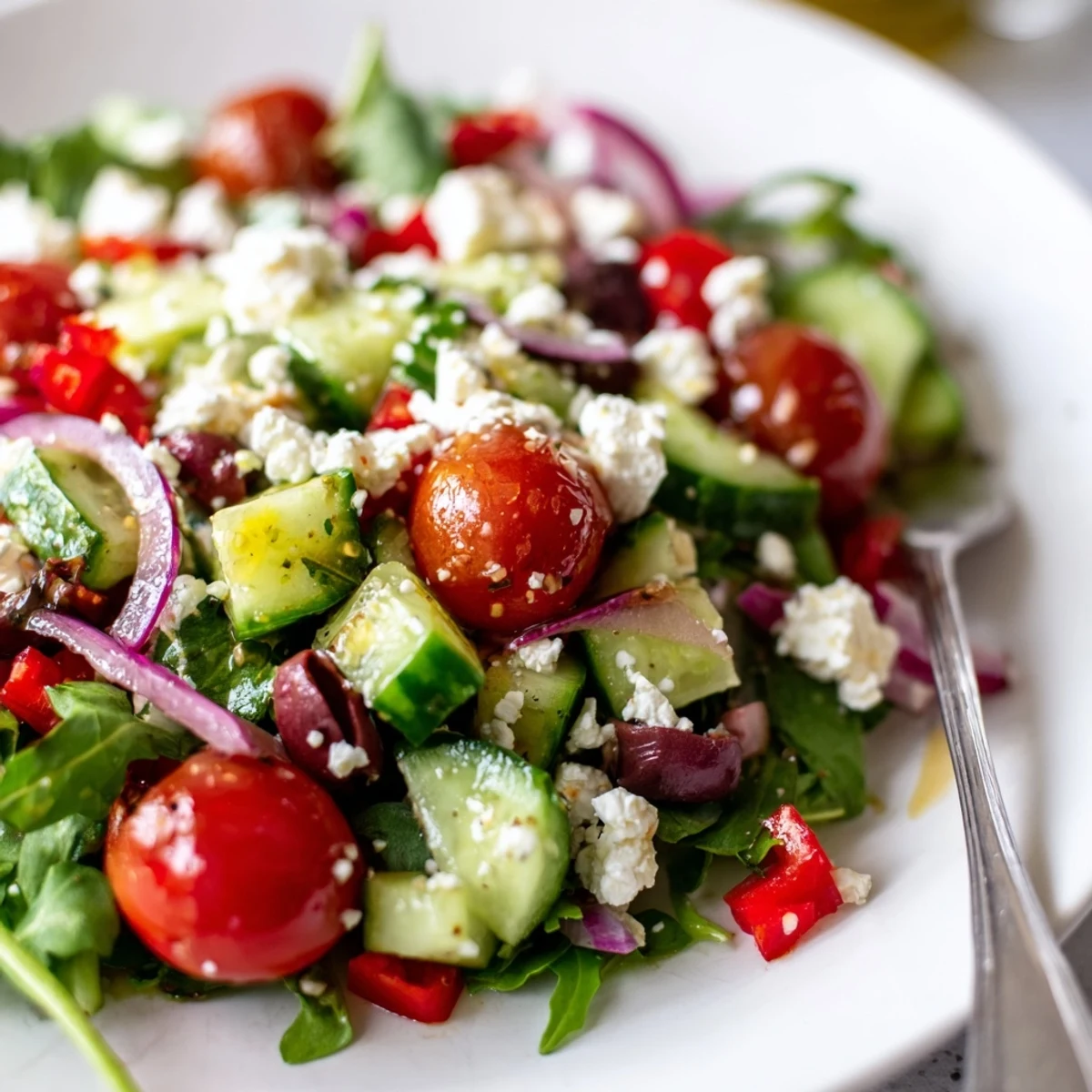 Easy Fresh Salad Recipe tossed in olive oil and lemon, ready to serve.