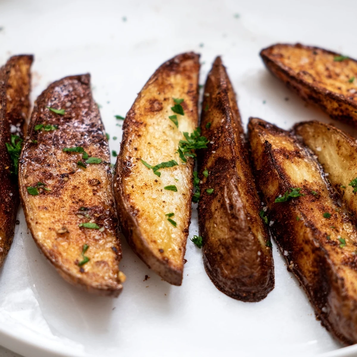 Crispy oven baked Potato Wedges sprinkled with parsley, served with ketchup.