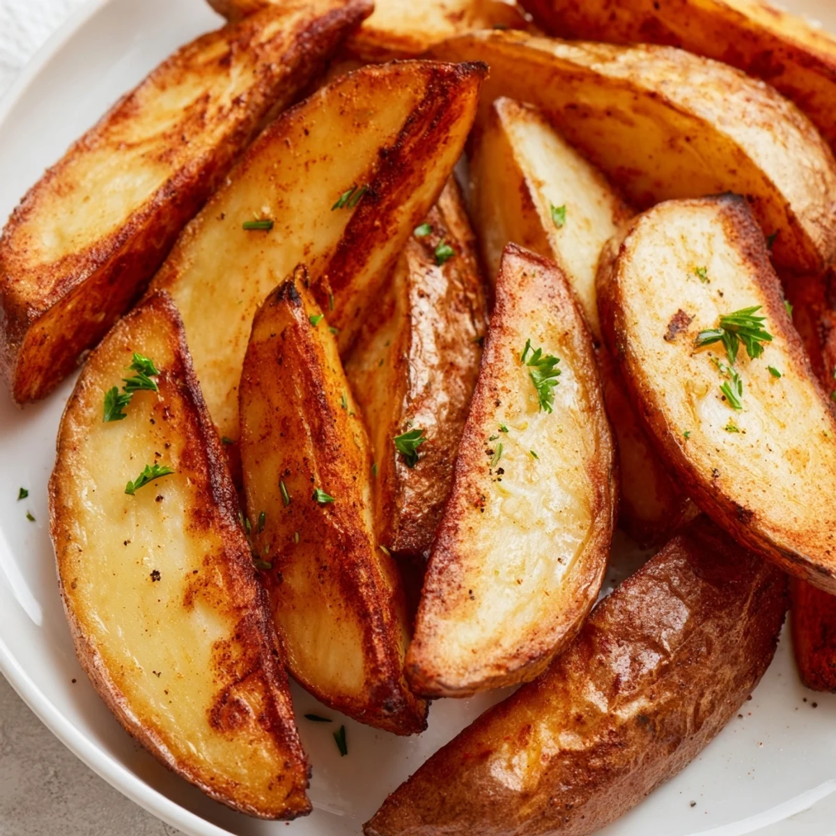 Golden seasoned Potato Wedges dusted with paprika, garlic aroma, crisp edges.