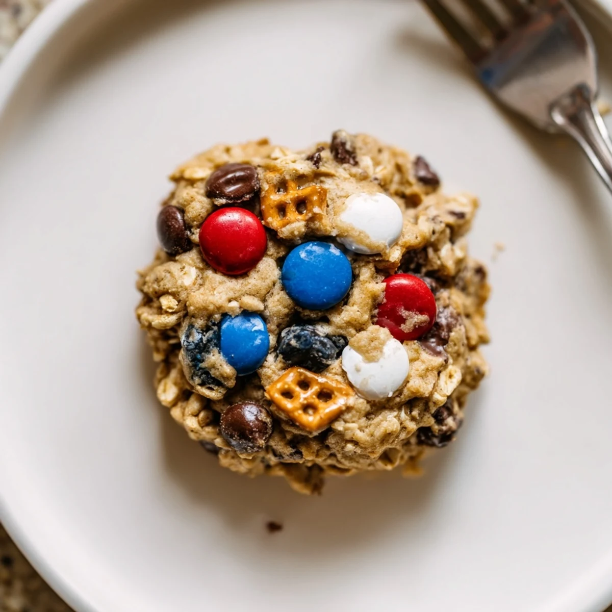 Patriotic Monster Cookies Recipe: chewy peanut butter cookies studded with red, white, blue candies