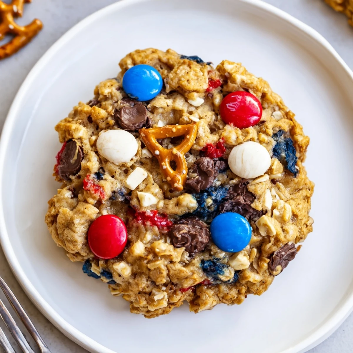 Fresh-baked Patriotic Monster Cookies Recipe cooling on rack, oats and chocolate chips visible