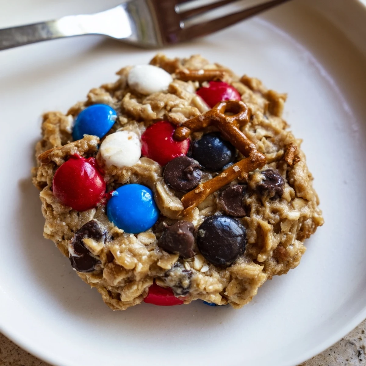 Plate of warm Patriotic Monster Cookies Recipe served at a summer picnic, gooey centers